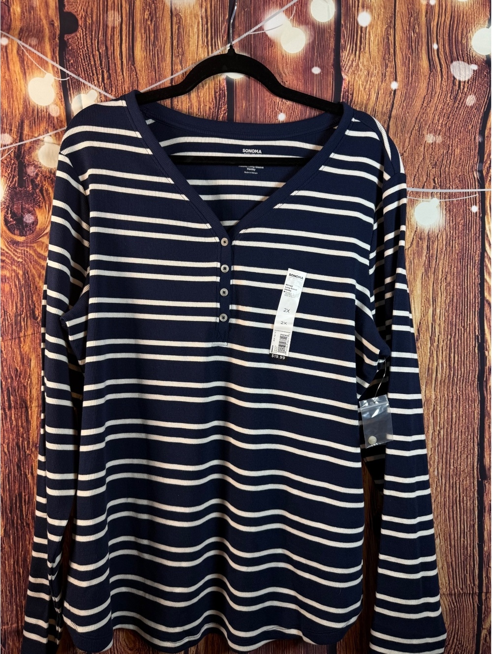 Sonoma Medium Navy and White Striped Ribbed Long Sleeve Henley Top